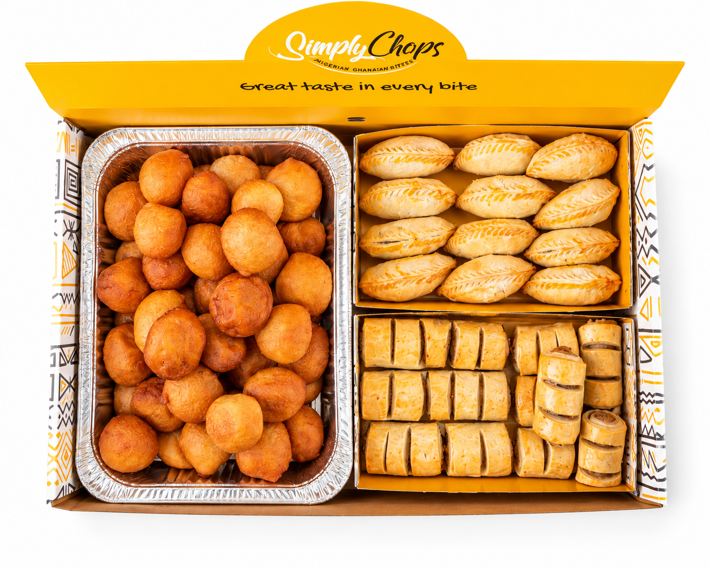 A SimplyChops party box holding puff puff, mini meat pies and sausage rolls